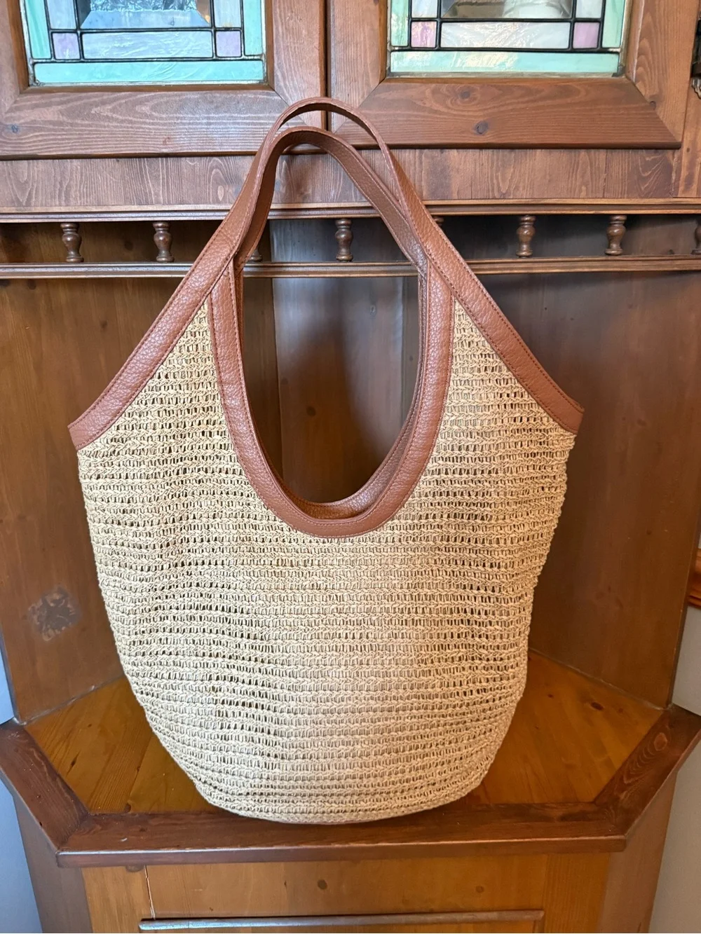 Banana Republic Factory Straw Hobo Tote Bag Woven Summer Beach Carryall tan